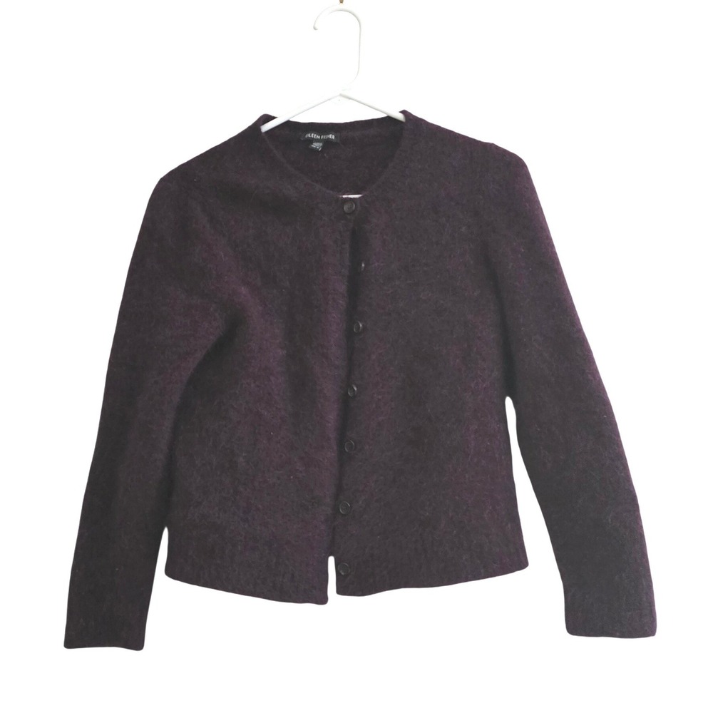 Eileen Fisher Purple Mohair Wool Blend Fuzzy Button Front Cardigan Sweater M